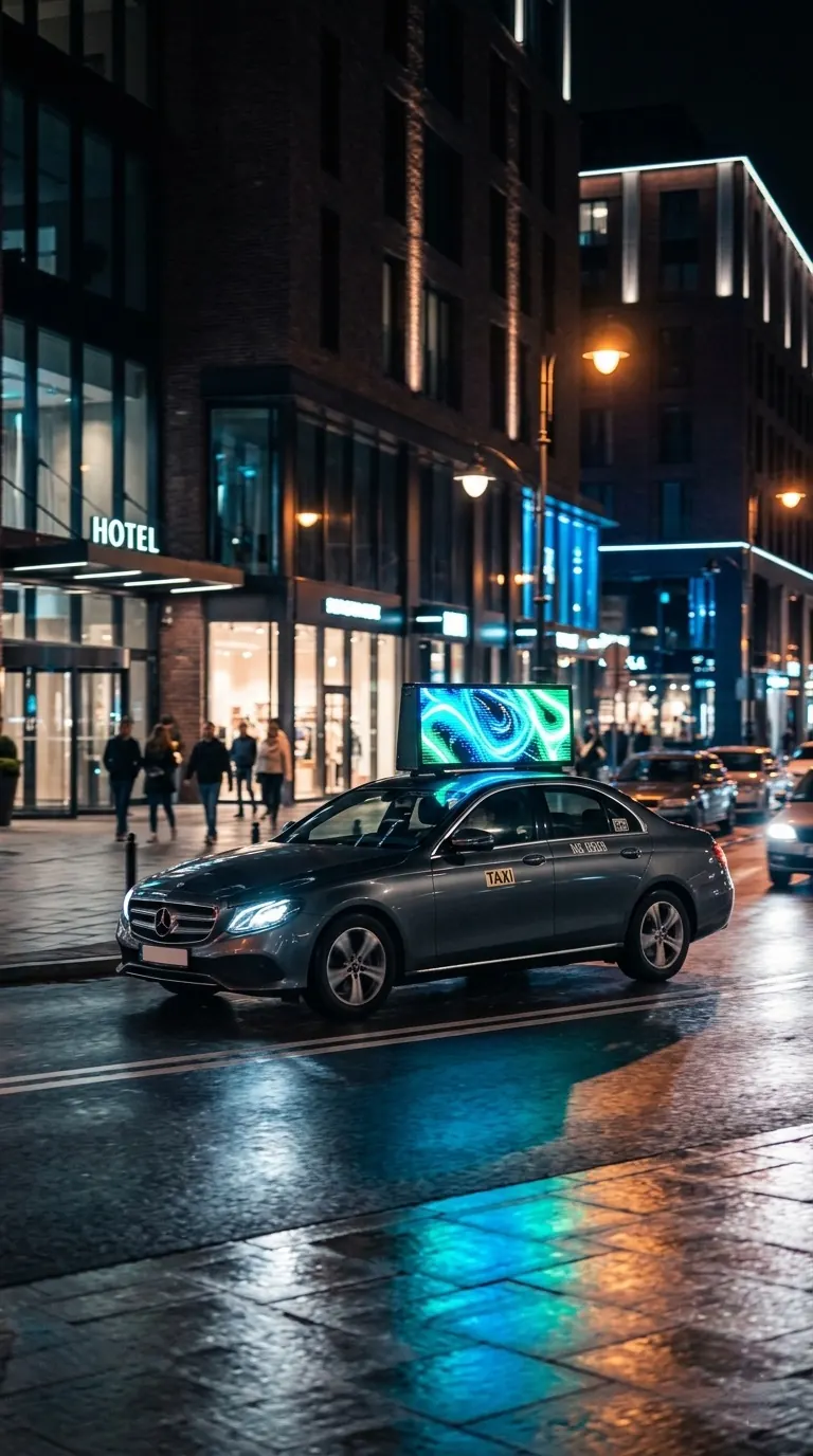 Taxi z ekranem LED na mokrej ulicy w centrum miasta